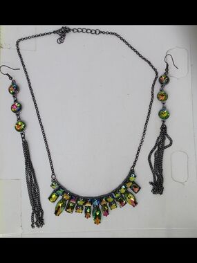 Watermelon Rhinestone Bib Necklace & Dangle Earrings Set Rainbow Gunmetal Fairy